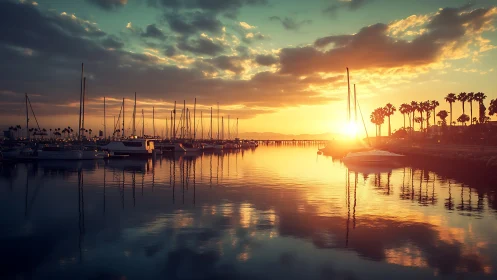Golden sunset bathes a tranquil marina in warm reflective light