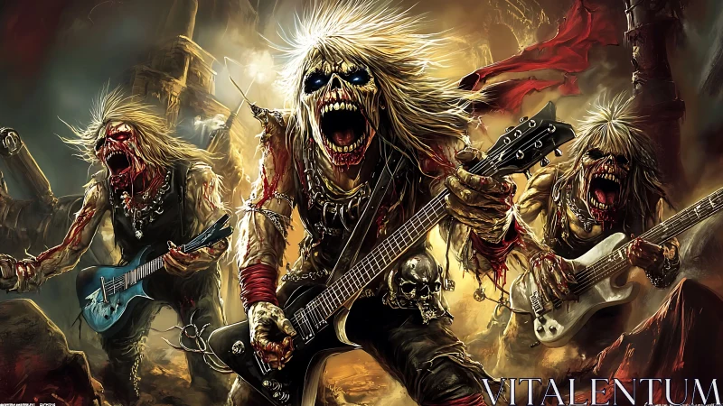 Undead thrash metal trio shredding guitars in infernal ruins