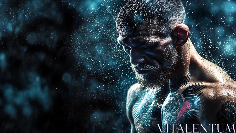 Tattooed fighter in rain with dramatic blue backlight.