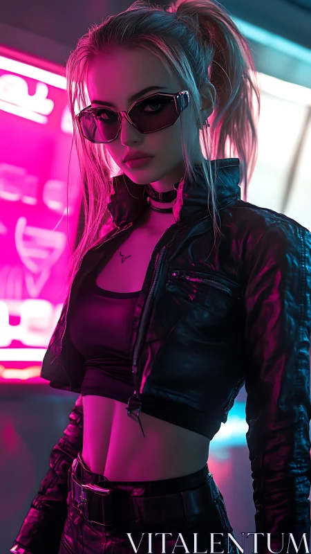Cyberpunk street rebel in neon leather and dark shades.