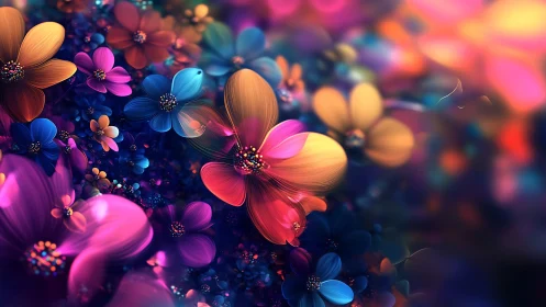Luminous neon blossoms swirling through dreamy bokeh fields.