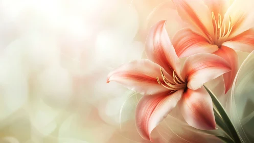 Soft coral lilies glow against airy pastel bokeh field.