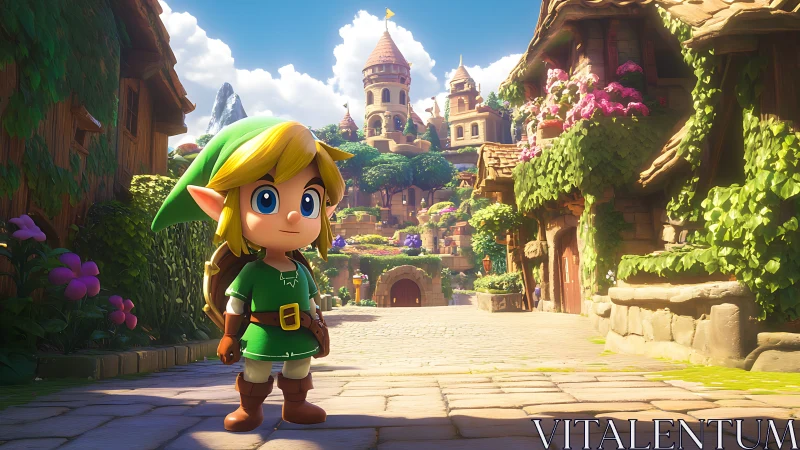 Chibi elf hero explores a sunlit, lush fantasy village street.