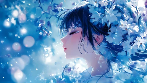 Dreamy blue girl resting among glowing spring blossoms.
