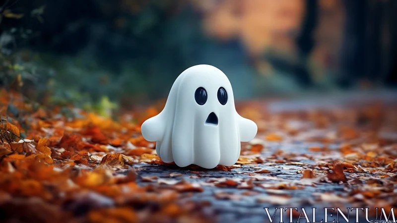 Cute little ghost wandering a cozy autumn forest path.