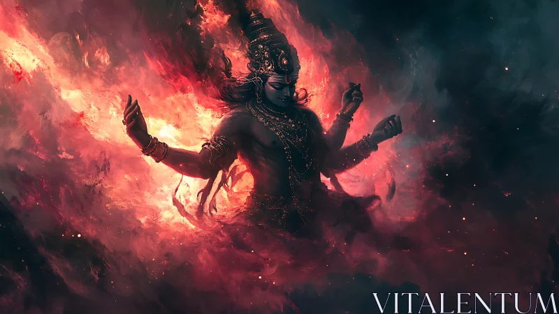 Cosmic deity emerges through blazing crimson nebula veil.