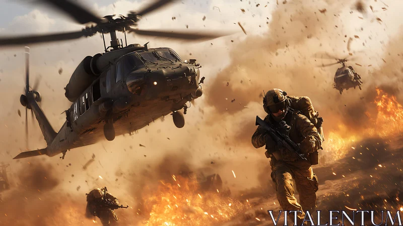 Rotorstorm descent over blazing battlefield inferno.