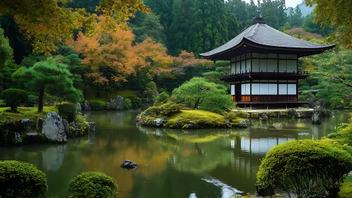 Traditional pavilion beside reflective garden pond in autumn.