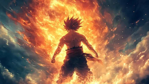 Silhouetted fighter in central fiery energy field composition.