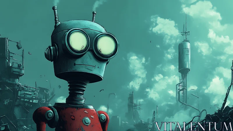 Lonely cartoon robot in teal post apocalyptic cityscape.