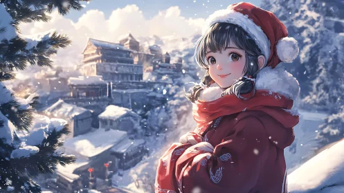 Anime winter portrait with festive village depth of field.