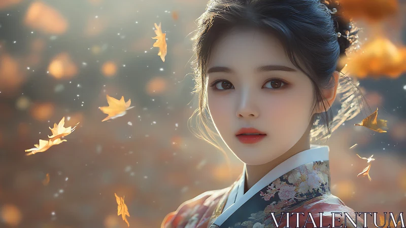 Digital portrait depicts kimono-clad woman amid falling leaves