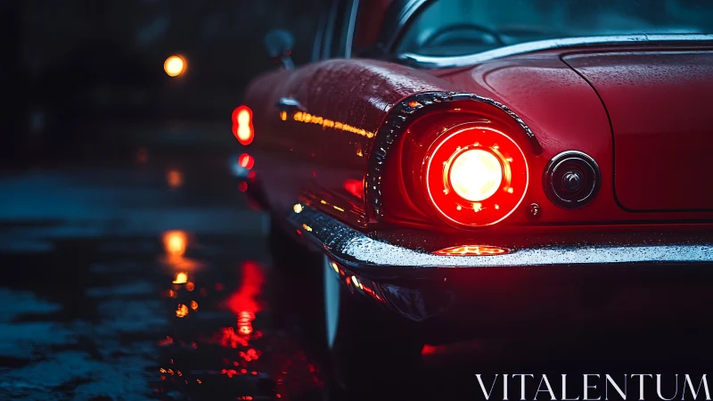 Vintage red coupe tail light in cinematic rain ambience.