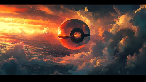 Giant red metallic sphere floating in dramatic sunset sky.