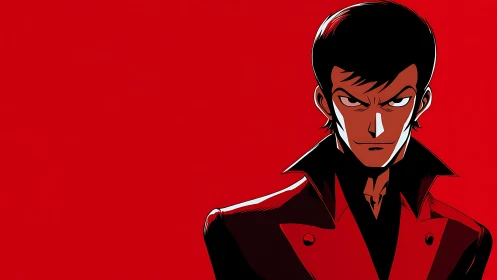 Sharp anime man in red coat on bold red background.