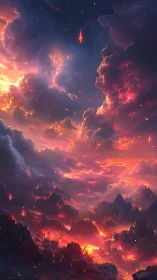 Fiery Cosmic Realm with Glowing Clouds and Mystical Towers.