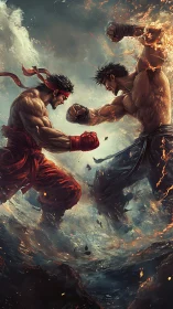 Two muscular fighters confront each other amid swirling elements