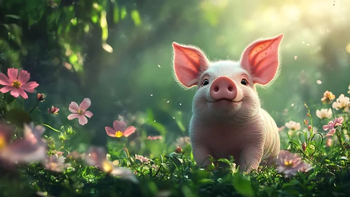 Young pig standing in flower meadow under soft daylight.