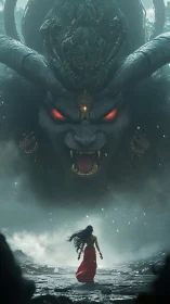 Warrior confronts colossal horned demon in misty chasm.