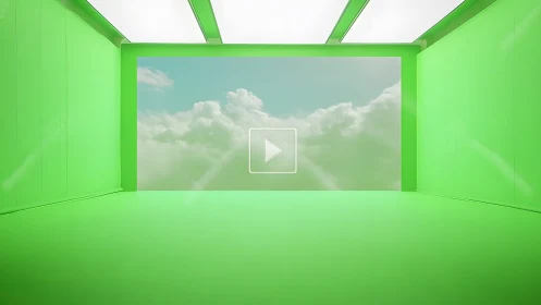 Modern green screen studio interior with virtual sky background.