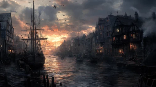 Twilight harbor canal with tall ship silhouettes and volumetric clouds