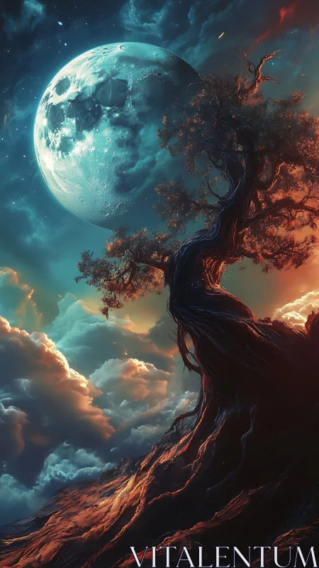 Ancient tree bends toward a colossal moon in glowing clouds
