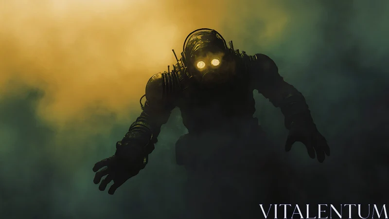 Armored diver silhouette stalks through toxic yellow fog.