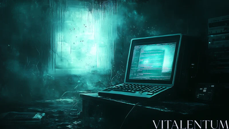 Retro terminal glowing in misty teal cyberpunk workspace.