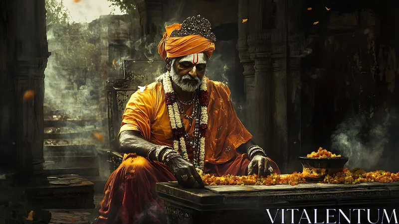 Orange-robed mystic arranges marigold constellations in smoke