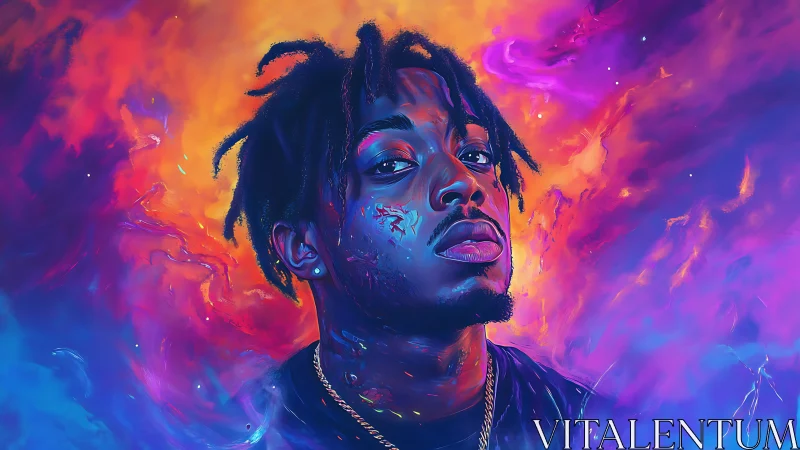 Chromatic nebula portrait of contemplative digital youth.