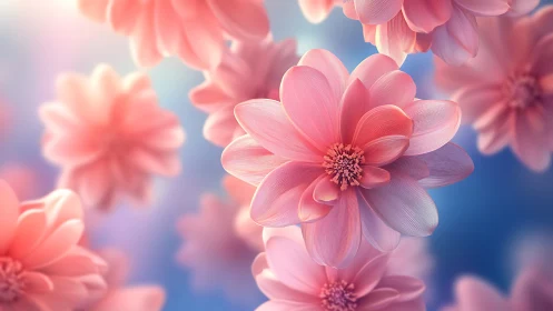 Pink Dahlias Blooming Against Blue Sky.