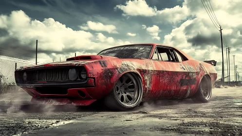 Weathered drift muscle car under storm-laden industrial sky.
