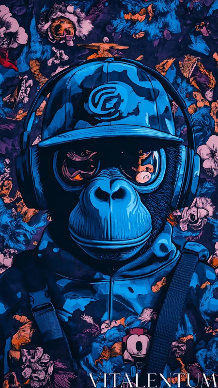 Headphoned primate portrait in patterned urban attire.