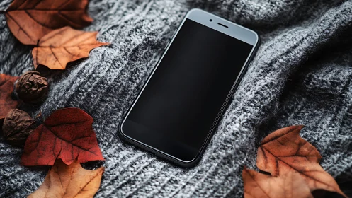 Smartphone resting on knit textile with autumn leaves.