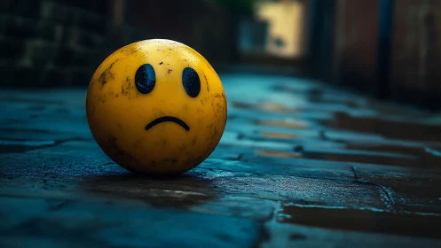Yellow sad-face ball on wet cobblestone alley ground.