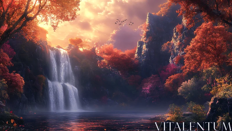 Waterfall amid dense autumn forest under glowing sky.