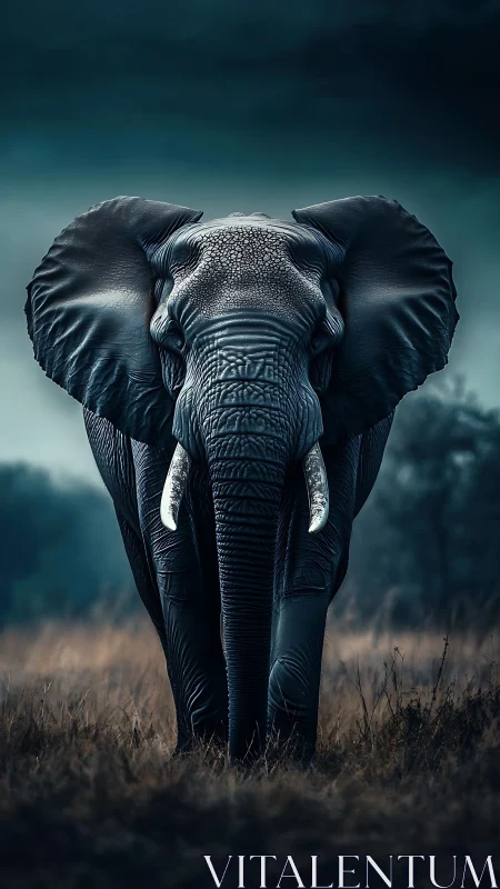 Majestic elephant strolling through a misty twilight savanna.