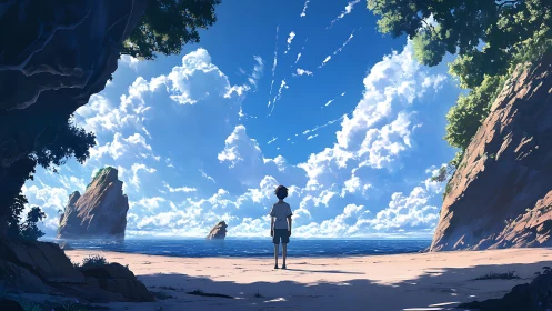 Solitary figure observes dramatic cumulus sky over coastal bay