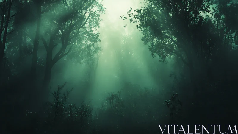 Atmospheric forest vista rendered with volumetric light rays through dense canopy