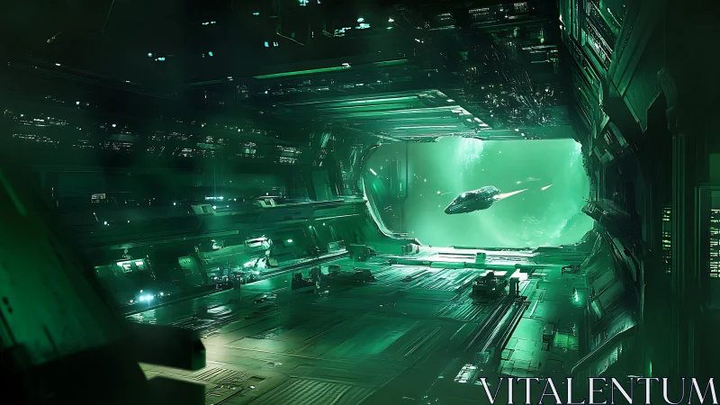 Vast green-lit hangar frames starship launch through luminous void