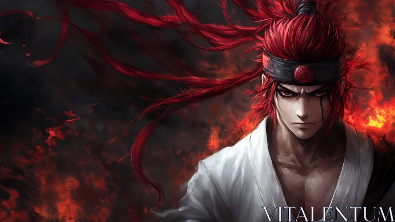 Fiery red‑haired warrior in white gi before erupting flames