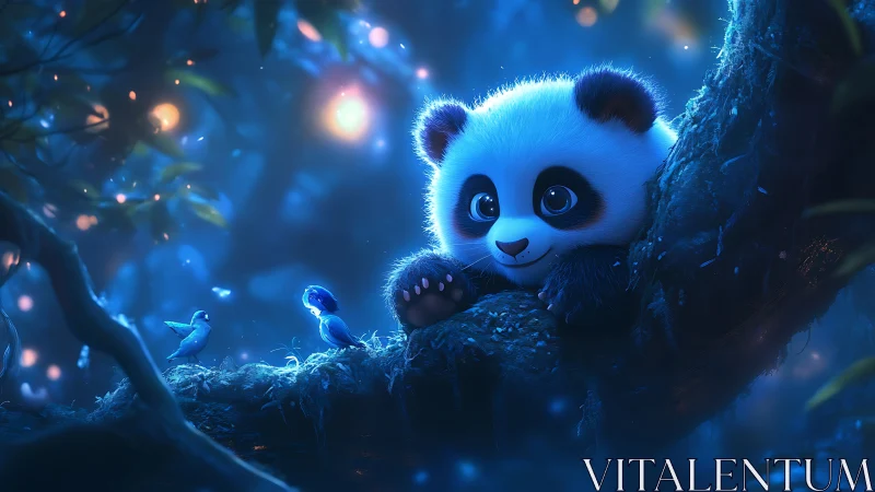 Baby panda rests on forest branch observing glowing birds