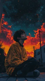 City dreamer resting beneath a glowing cosmic sunset sky.
