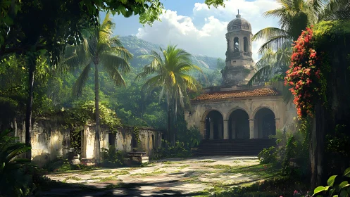 Old tropical courtyard with overgrown colonial tower.