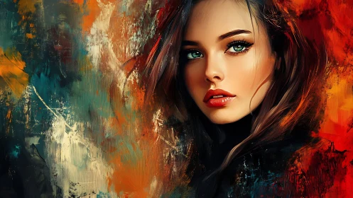 Portrait of a vivid-eyed woman amid fiery abstract color storm