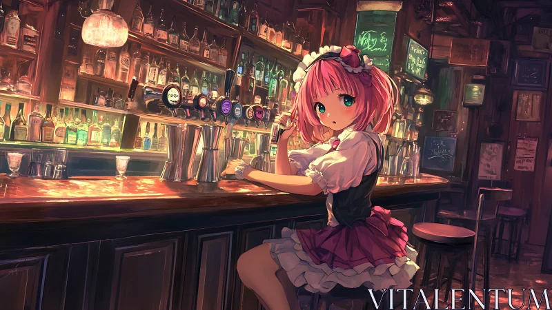 Anime barmaid in warm-lit tavern interior illustration.