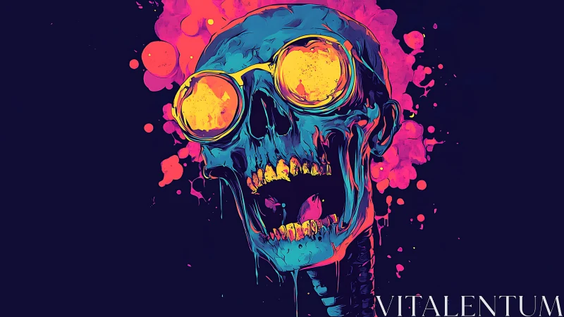 Neon-drenched skull laughs loud beneath dripping cosmic paint