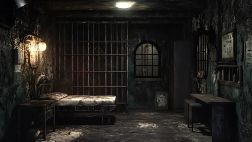 3D cinematic prison cell interior with decayed industrial surfaces.