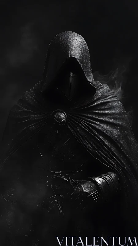 Obsidian-hooded sentinel in volumetric shadow rendering.