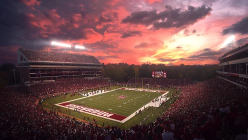 Crimson stadium roars beneath a molten cotton-candy sunset